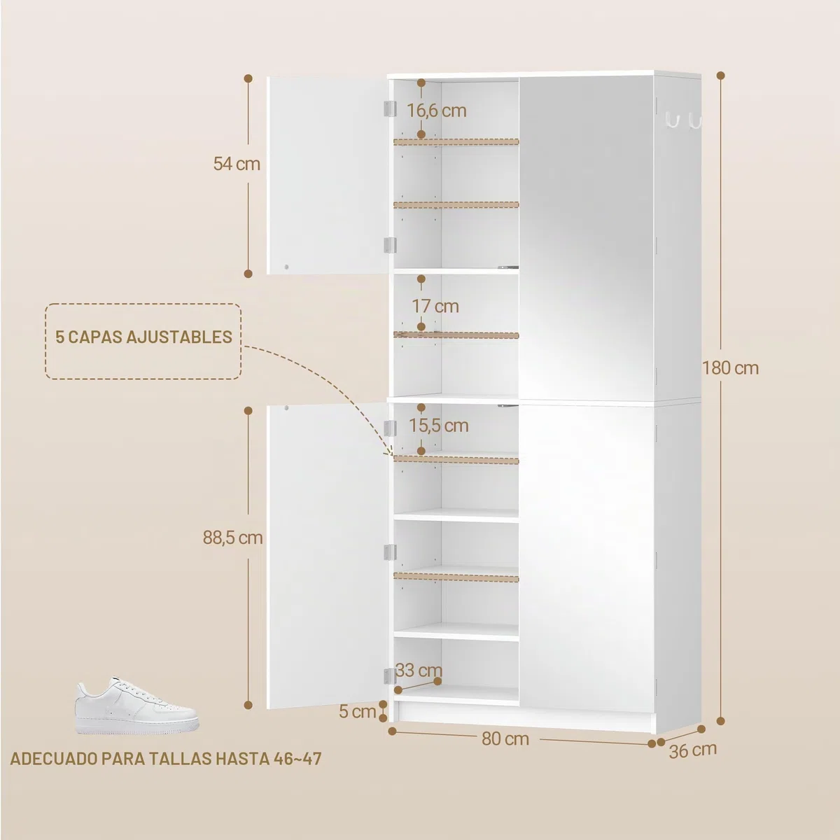 Hzuaneri Zapatero Alto con Espejo, Mueble de Recibidor para 36-40 Pares de Zapatos, Armario de Entrada con Mecanismo Push-to-Open, Estantes Ajustables, 2 Ganchos y Estante Abierto 36x80x180 cm Blanco | Apertura por presión, separador ajustable, 2 ganchos,
