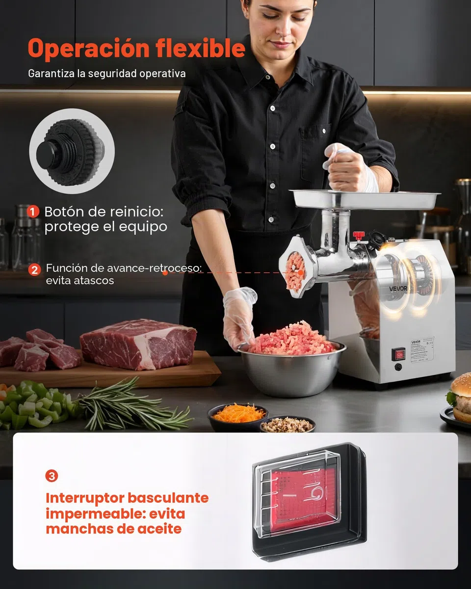 VEVOR Picadora de Carne Eléctrica de Encimera con Cuchilla, Capacidad de 4,2 kg/min, Placa de Molienda, Máquina para Hacer Salchichas, Acero Inoxidable para Cocina y Restaurante, 430 x 248 x 440 mm