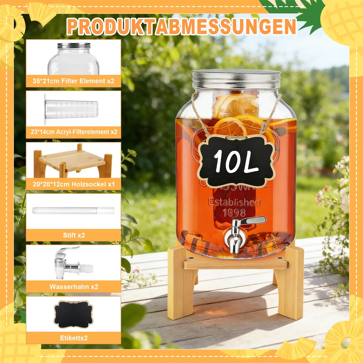 2 dispensadores de bebidas de 10 l con soporte y tapa, dispensador de limonada con grifo de vidrio de borasilicato resistente al calor con grifo inoxidable para jardín, buffet, fiestas y cocina, bodas