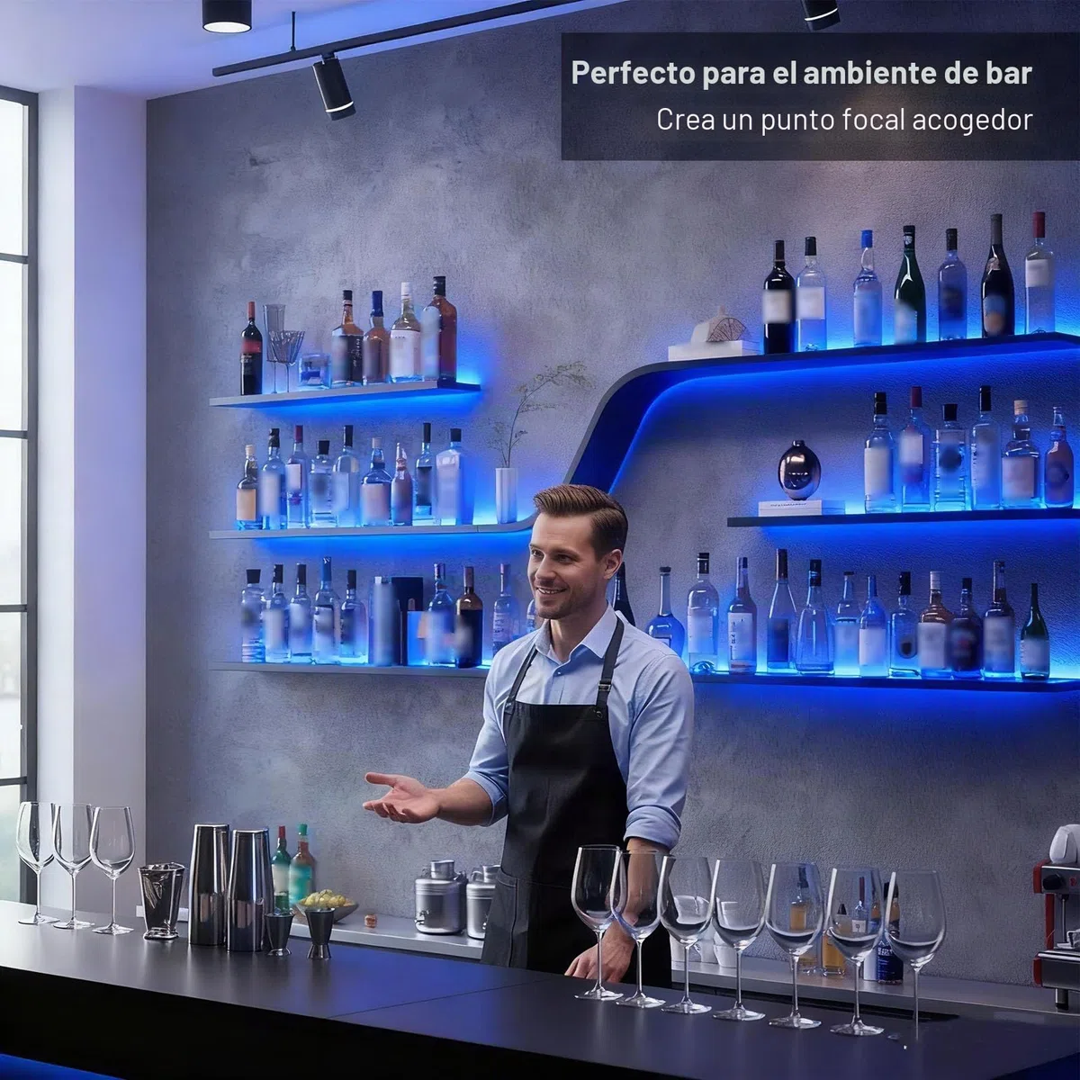 Botellero de Vino Montado en la Pared con Luz LED, Estantes de Vino Decorativo de diseño curvo moderno, 3 Niveles Estante para Exhibición De Vinos, para Bar doméstico, Cocina, Catering (negro, 150cm)