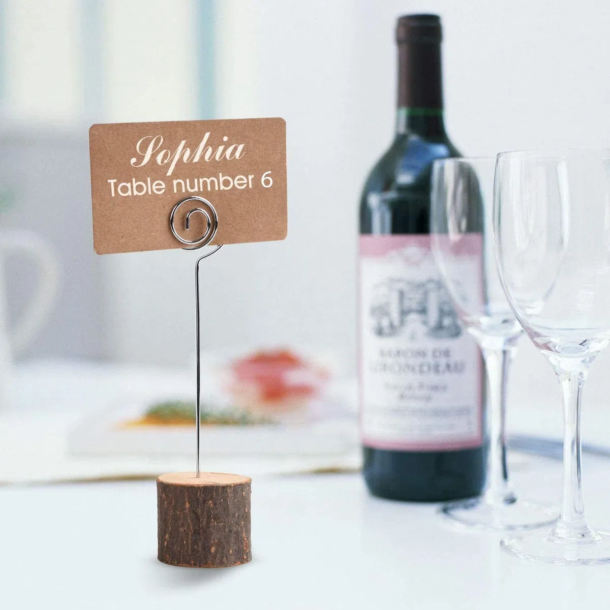 Soportes de madera para tarjetas de lugar con alambre en espiral, soportes de madera para números de mesa (20 soportes)