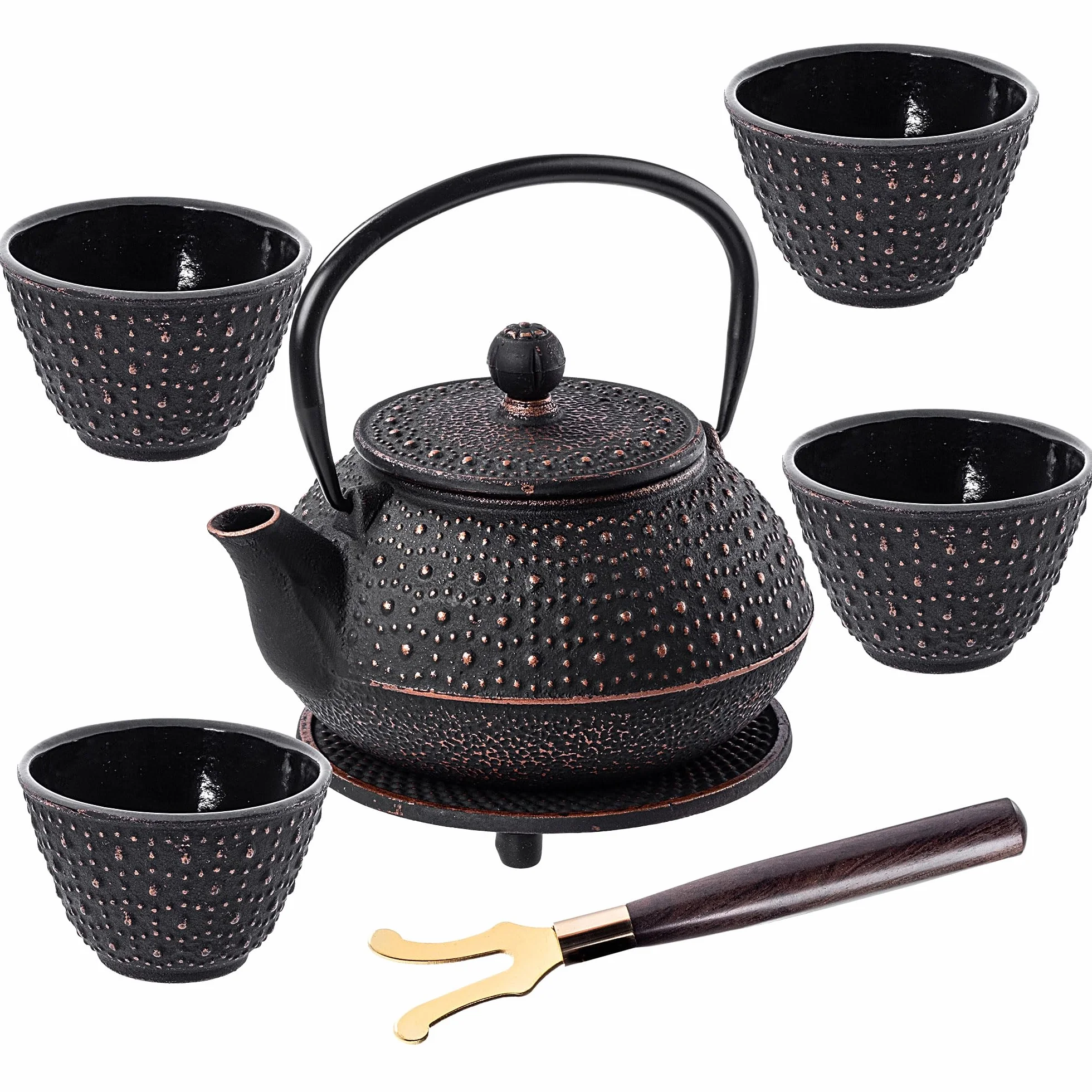 KADAX Tetera japonesa de 0,8 l con 4 tazas de té para té suelto, juego de té japonés de hierro fundido, tetera de hierro fundido con colador, tapa, asa y posavasos (negro)