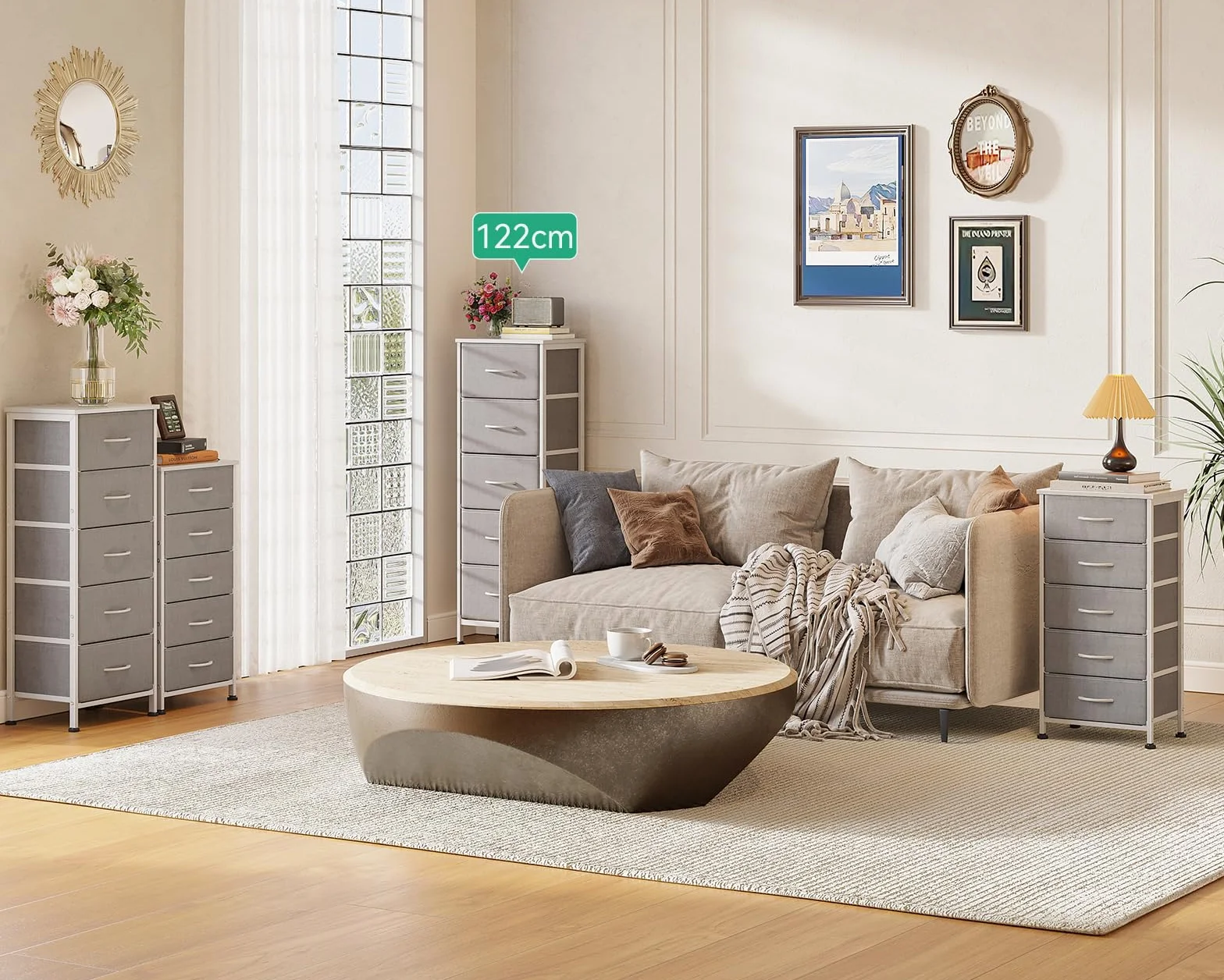 Coleshome Comoda Dormitorio, Comoda Estrecha y Alta con 5 Cajones de Tela, Estructura de Acero Resistente y Tablero de Madera, Ideal para Dormitorio y Salón, 40 x 30 x 120 cm, Gris Claro