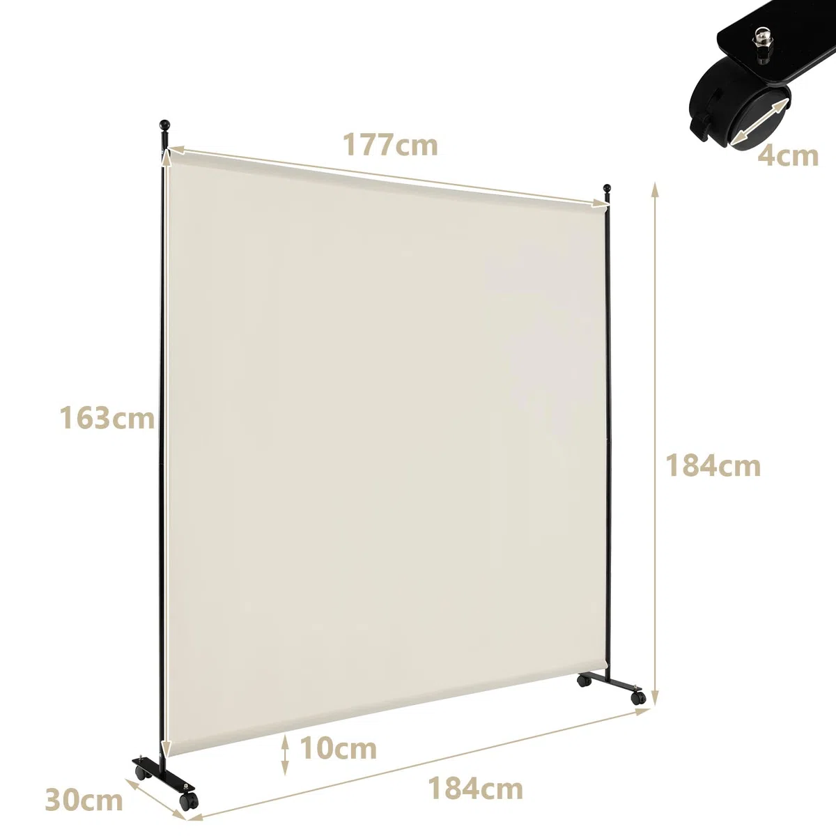 LIFEZEAL Biombo de 1 Panel, Separador para Interior, Exterior, Biombo Móvil Pared Divisoria, Marco de Metal con 4 Ruedas, Protección de Privacidad, Separador de Espacio, Byobu, 184 x 184 cm (Beige)