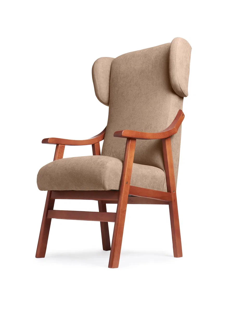 Silla Ergonómica con Brazos y Orejas Apoyacabeza en Madera de Cerezo. Tapizado Antimanchas para Personas Mayores o Geriátrico (115 x 71 x 57 cm) [Tostado]