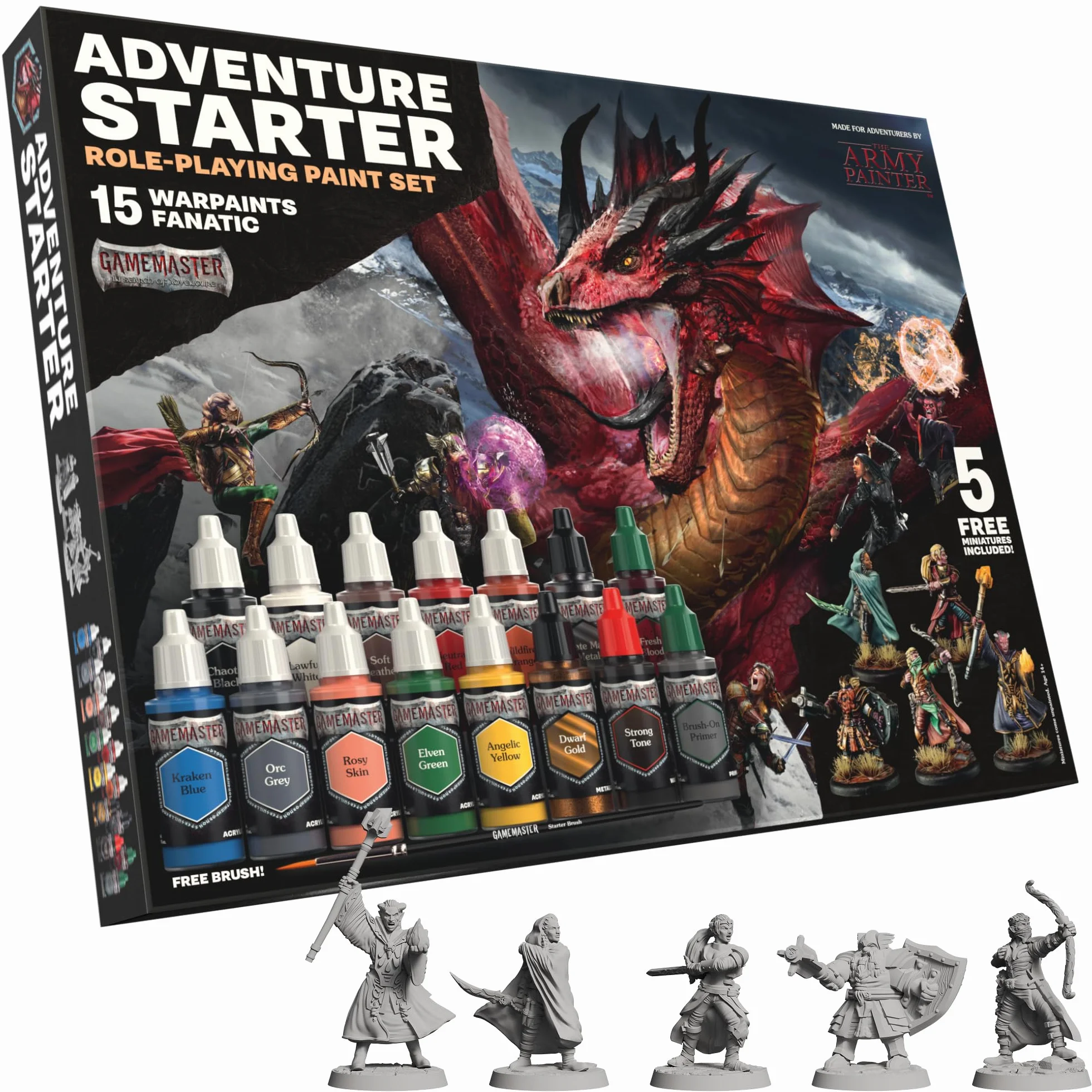 The Army Painter, GameMaster Adventure Starter Paint Set, 15 x 18 ml Pinturas Acrilicas incl. 1 Imprimación, 5 Miniatures y 1 Pincel - Pintura Miniatura para D&D & Warhammer Figuras