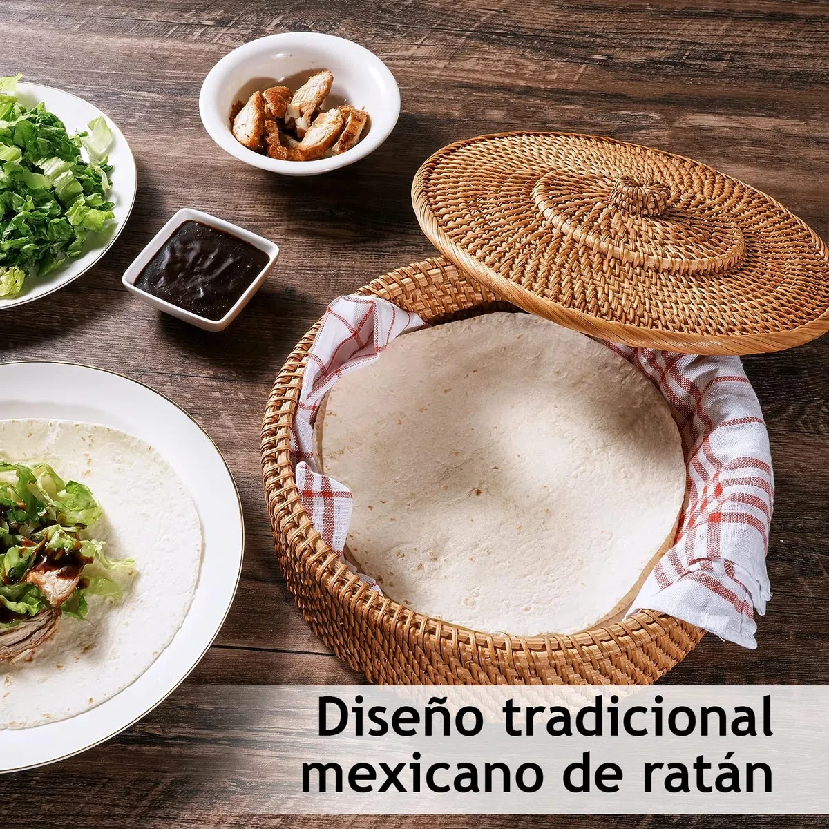 Tortillada - Calentador de Tortillas 26 cm Ratán – Cesta de Pan Hecha a Mano para Tortillas, Wraps y Pan Plano – Incluye Tela de Algodón, Mantiene la Comida Caliente