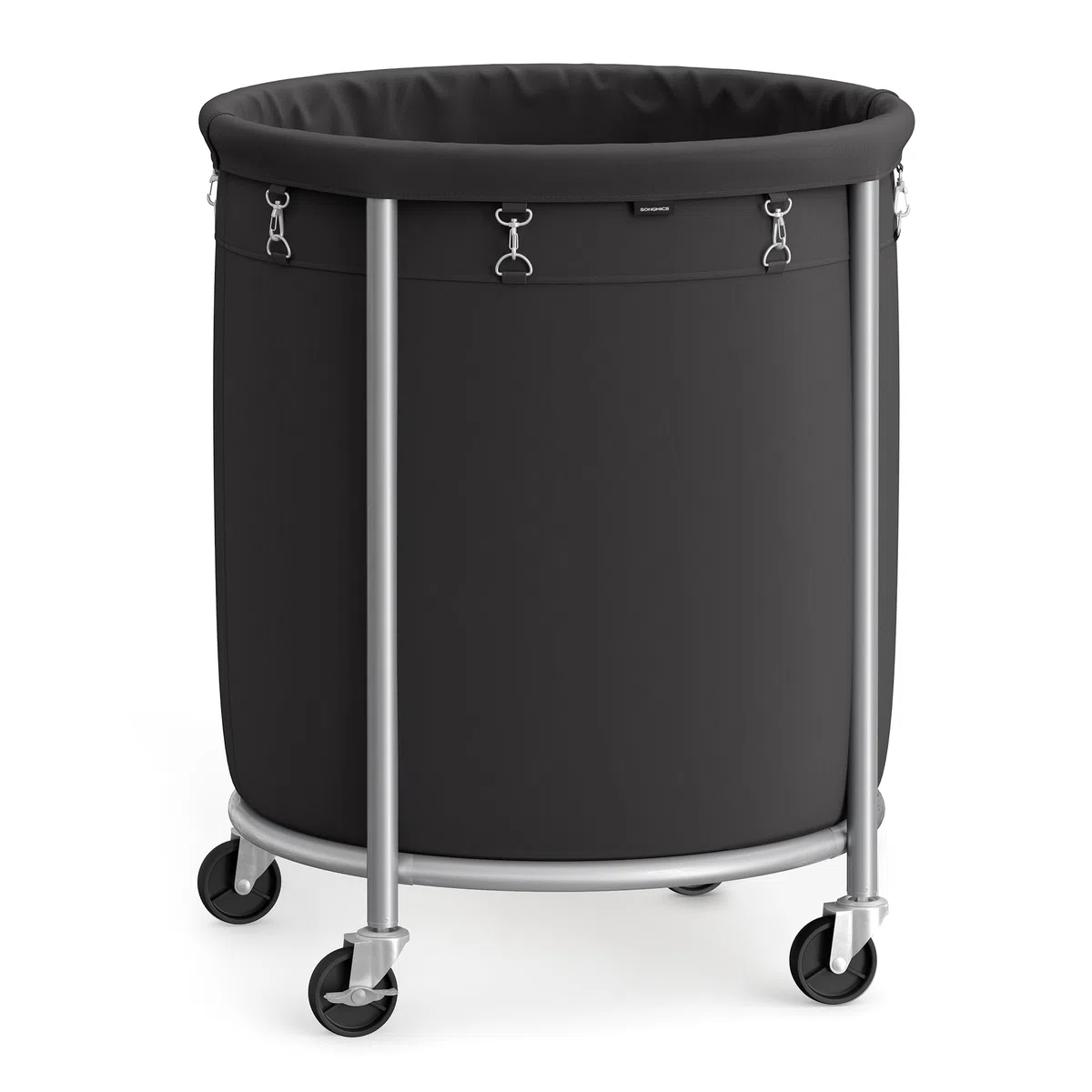 SONGMICS Cesto de Ropa Sucia con Ruedas, Cesta de la Ropa Sucia, 170 L, Cesto Redondo con Marco de Acero y Bolsa Extraíble, 4 Ruedas y 2 Frenos, Negro y Plata RLS001B01