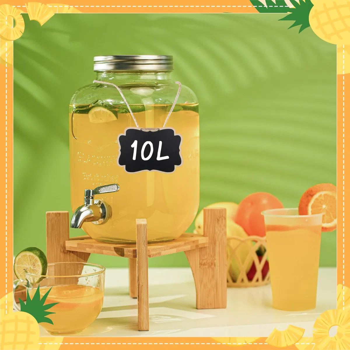 2 dispensadores de bebidas de 10 l con soporte y tapa, dispensador de limonada con grifo de vidrio de borasilicato resistente al calor con grifo inoxidable para jardín, buffet, fiestas y cocina, bodas