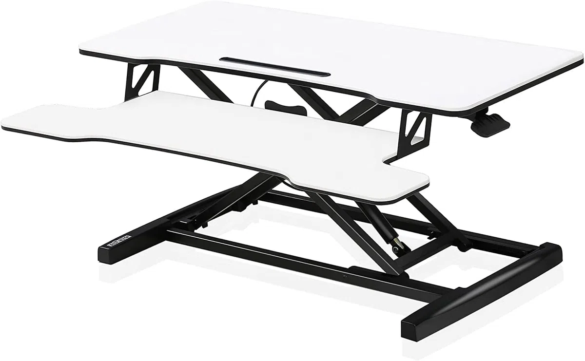 FITUEYES Standing Desk Converter Grande 36''/91.5cm Convertidor de Escritorio de Pie para Doble Monitor Altura Ajustable con Bandeja de Teclado Profunda y Soporte para Teléfono (Blanco)