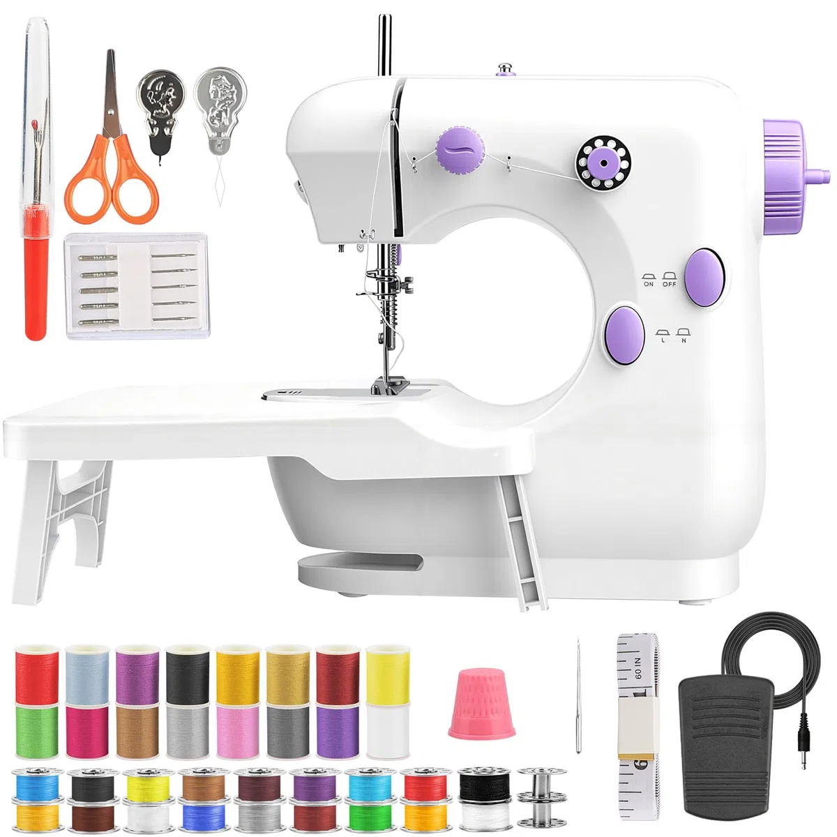 BRICH Máquina de coser eléctrica portátil con mesa extensible, pedal y 2 velocidades, juego completo de costura para niños y adultos, ideal para manualidades, ropa y viajes