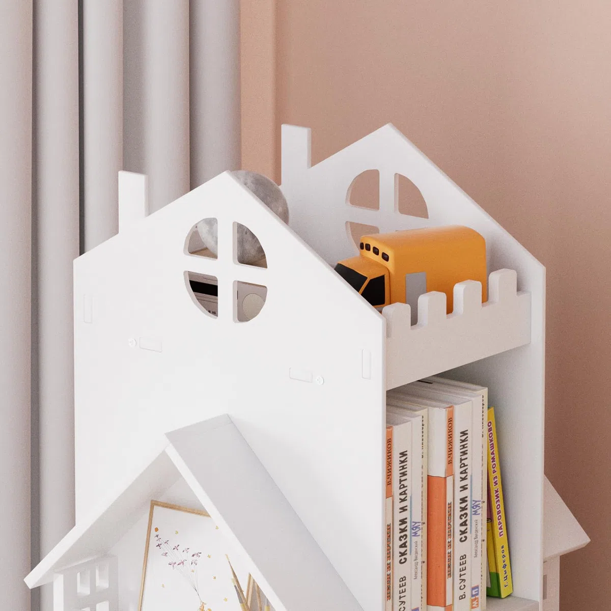 Nisorpa Estantería giratoria para niños con forma de casa, estantería blanca para niños, estantería de pie para niños, estantería giratoria para habitación de niños