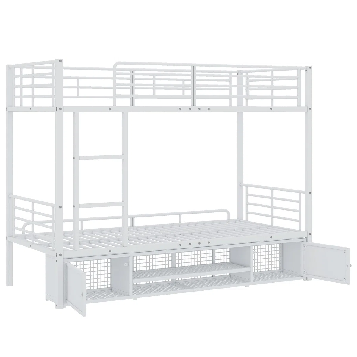 Litera doble, zapatero abierto, armario de almacenamiento de dos puertas, adecuado para niños y adolescentes, con escalera lateral y barandilla de seguridad, hierro forjado, sin colchón, 90 x 200 cm
