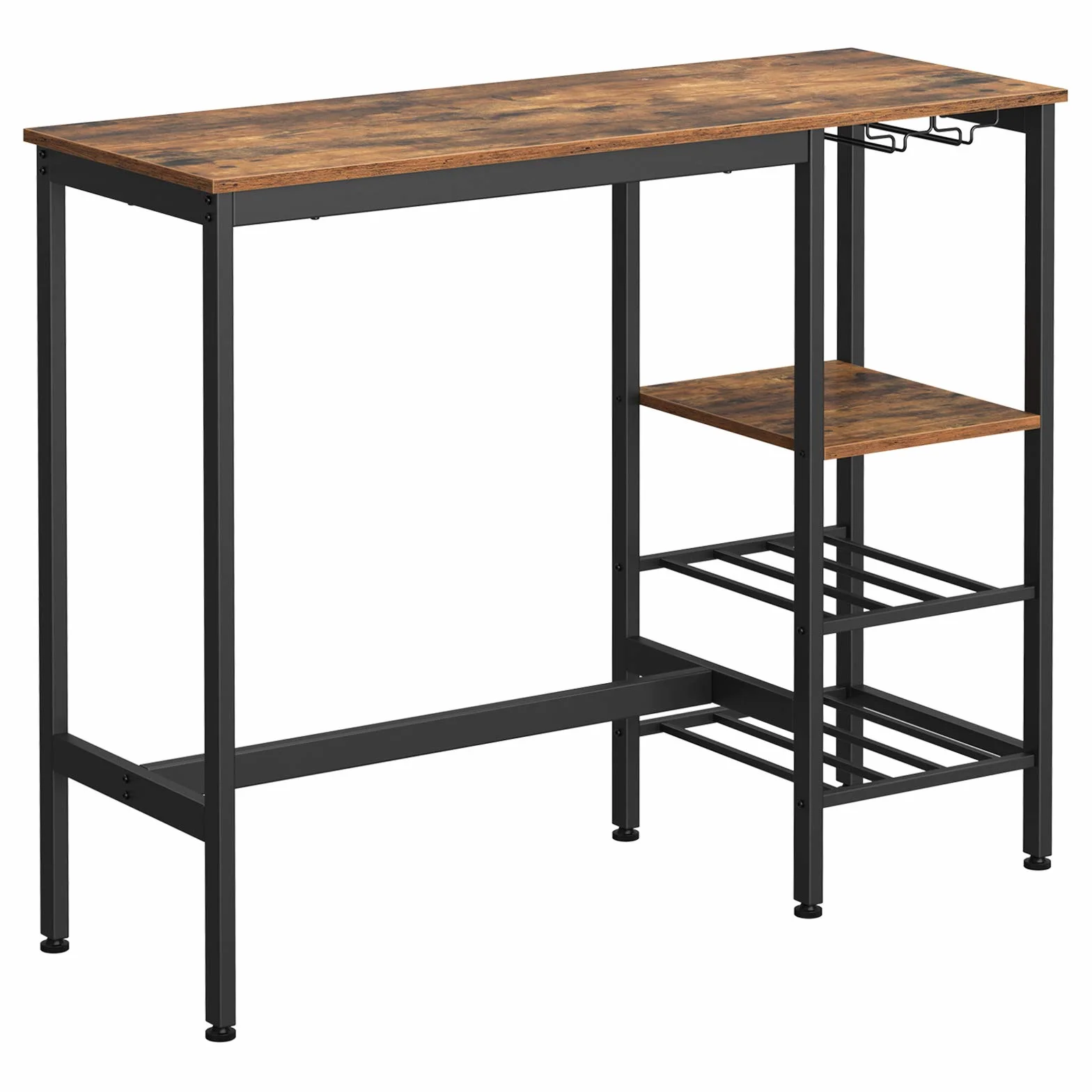 VASAGLE Mesa alta de comedor, bar, con soporte para copas de vino y botellero, para salón, cocina, 110 x 40 x 90 cm, industrial, marrón rústico y negro LBT013B01, madera de ingeniería