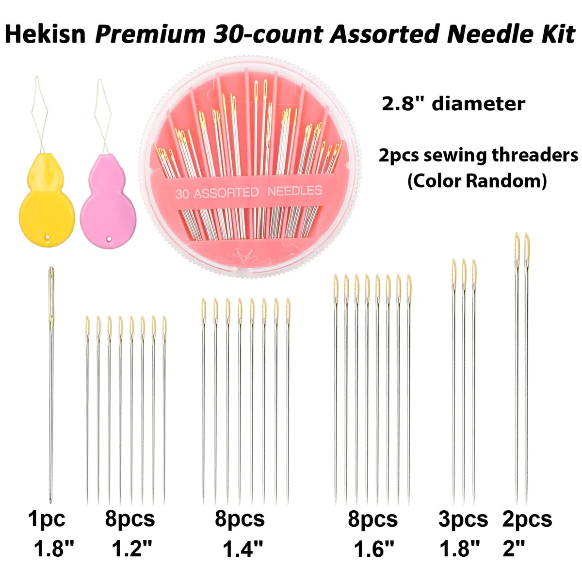 Hekisn 30 agujas de coser a mano de alta calidad, 6 tamaños, 30 agujas de coser surtidas, agujas de costura grandes para reparación de costura a mano, agujas afiladas, agujas de coser para reparación