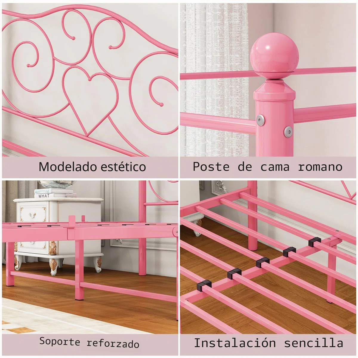 Marco de cama con dosel 140 x 200 cm, metal resistente, listones y soportes de acero, sin muelles, color rosa