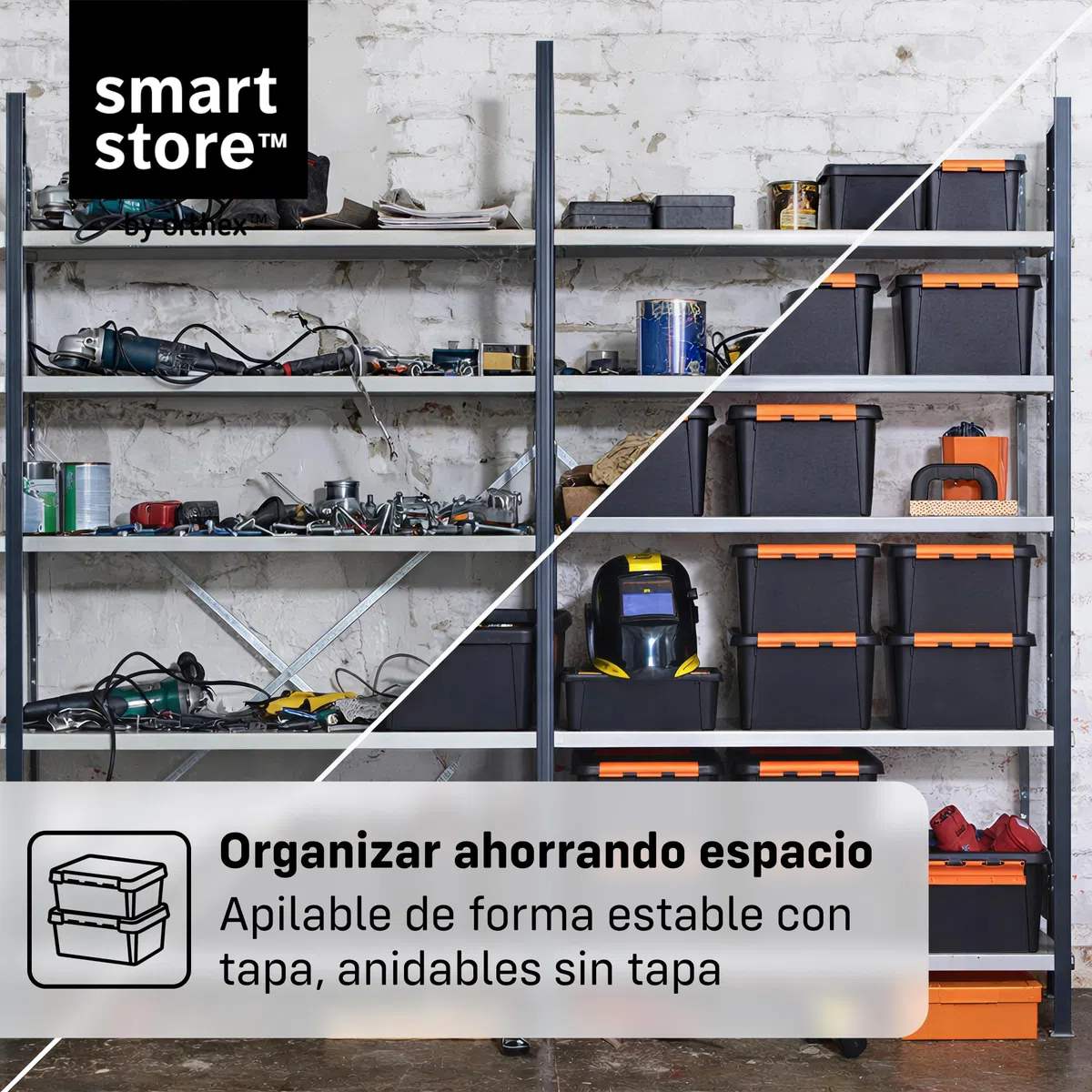 SmartStore Caja Almacenaje Resistente con Tapa I 49L I Pack 4 Cajas Apilables I Garaje Taller Mudanza I Cierre Clip I Made in Sweden I Negra I 59 x 39 x 34 cm