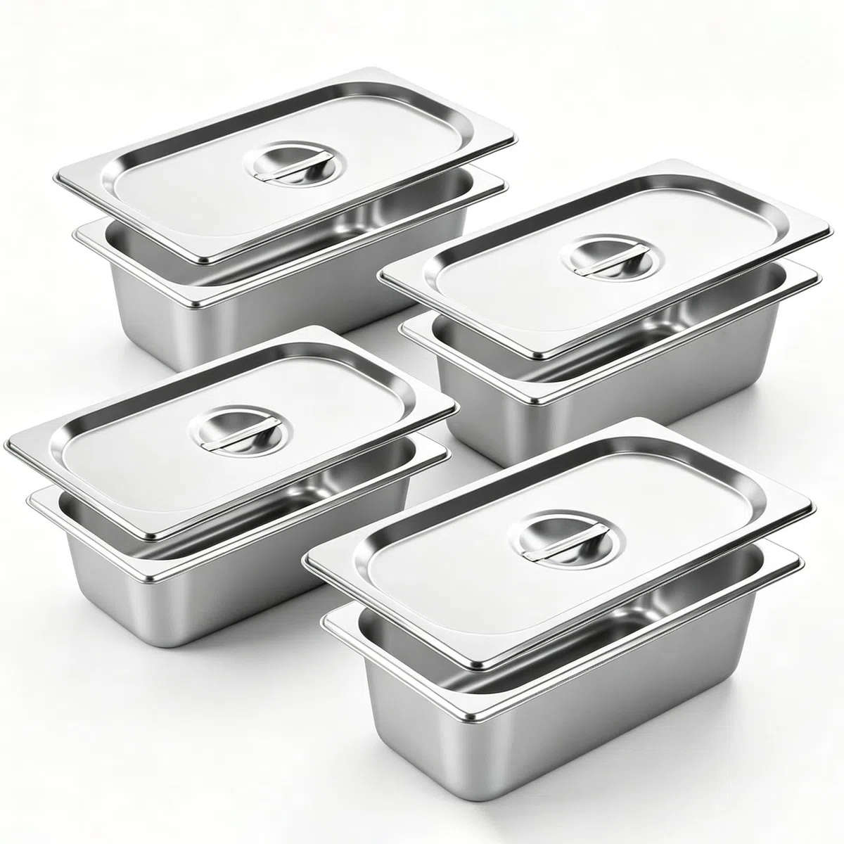 Paquete de 4 sartenes Gastronorm de 1/3 con tapas, 325 x 175 x 100 mm, recipientes de acero inoxidable de 1/3 GN, recipientes de alimentos con tapas