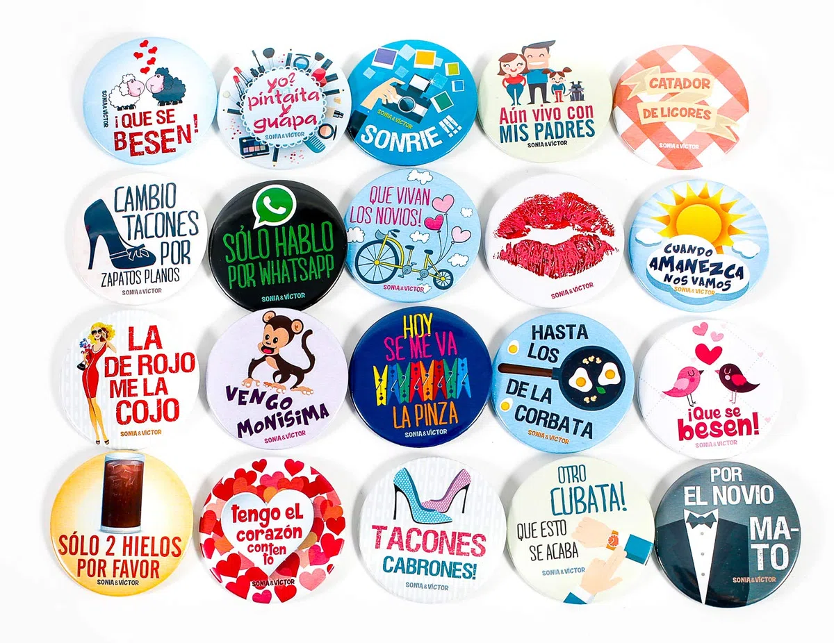 100 Chapas con 100 frases diferentes para bodas Pack de alfiler Regalo Invitados Divertido Personalizado Detalle