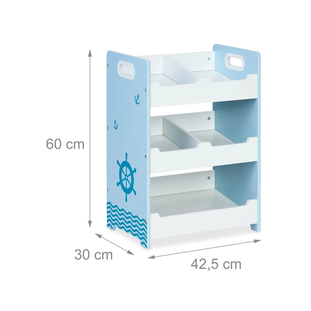 Relaxdays Estantería Infantil Marinero, 5 Estantes, MDF, Organizador Juguetes Niños, Asas, 60x42,5x30 cm, Blanco y Azul, Tablero de Fibras