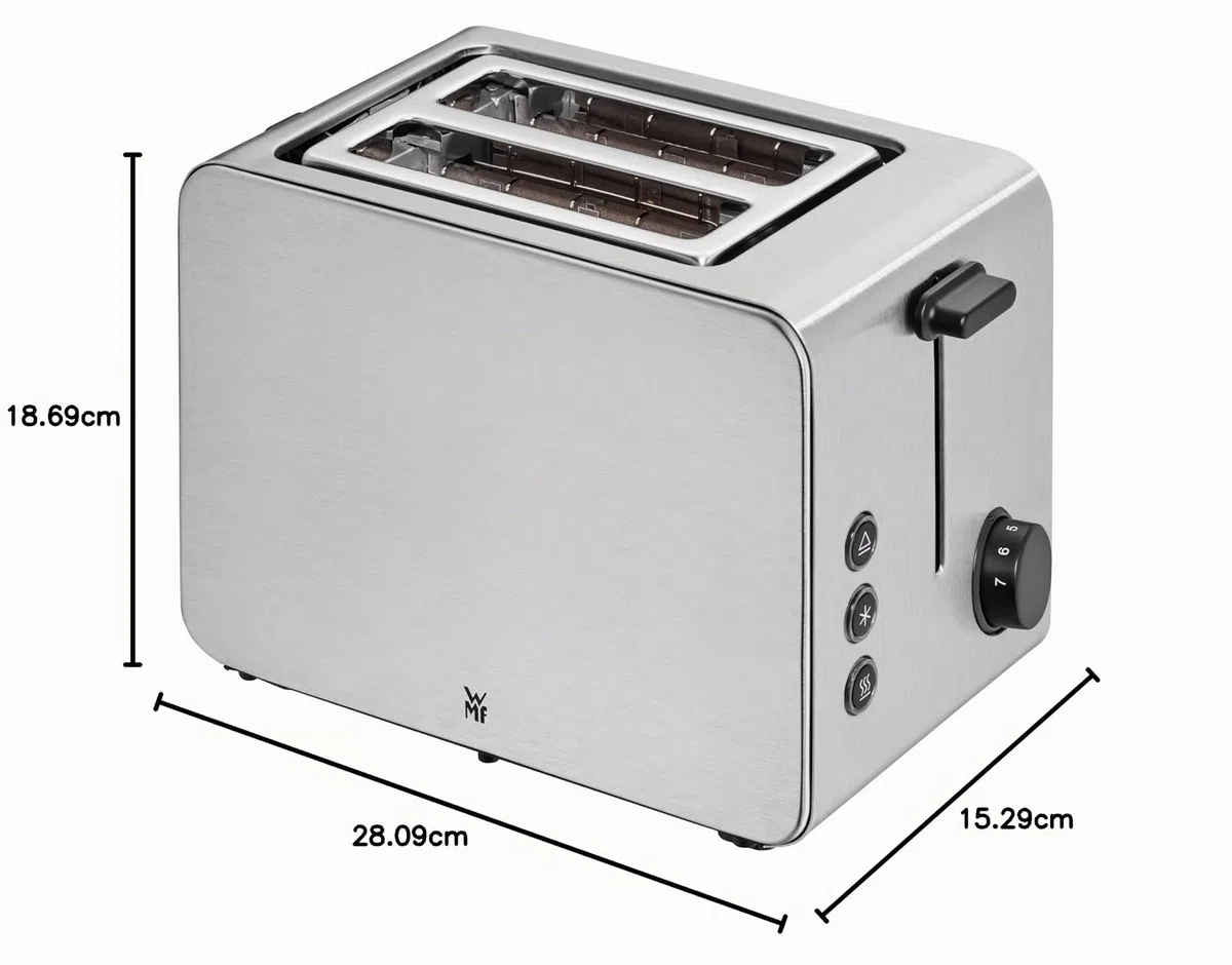 WMF Stelio - Tostadora con 2 rebanadas de acero inoxidable, doble ranura con accesorio para panecillos, función de bagel, 7 niveles de tostado, 900 W, acero inoxidable mate