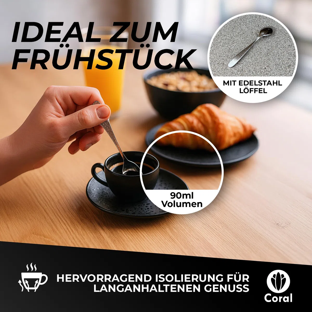 Coral - 4 tazas de espresso de 90 ml con asa, platillos y cucharas (juego) de cerámica negra - 4 tazas de café con platillo de pared gruesa - tazas de café (90 ml)