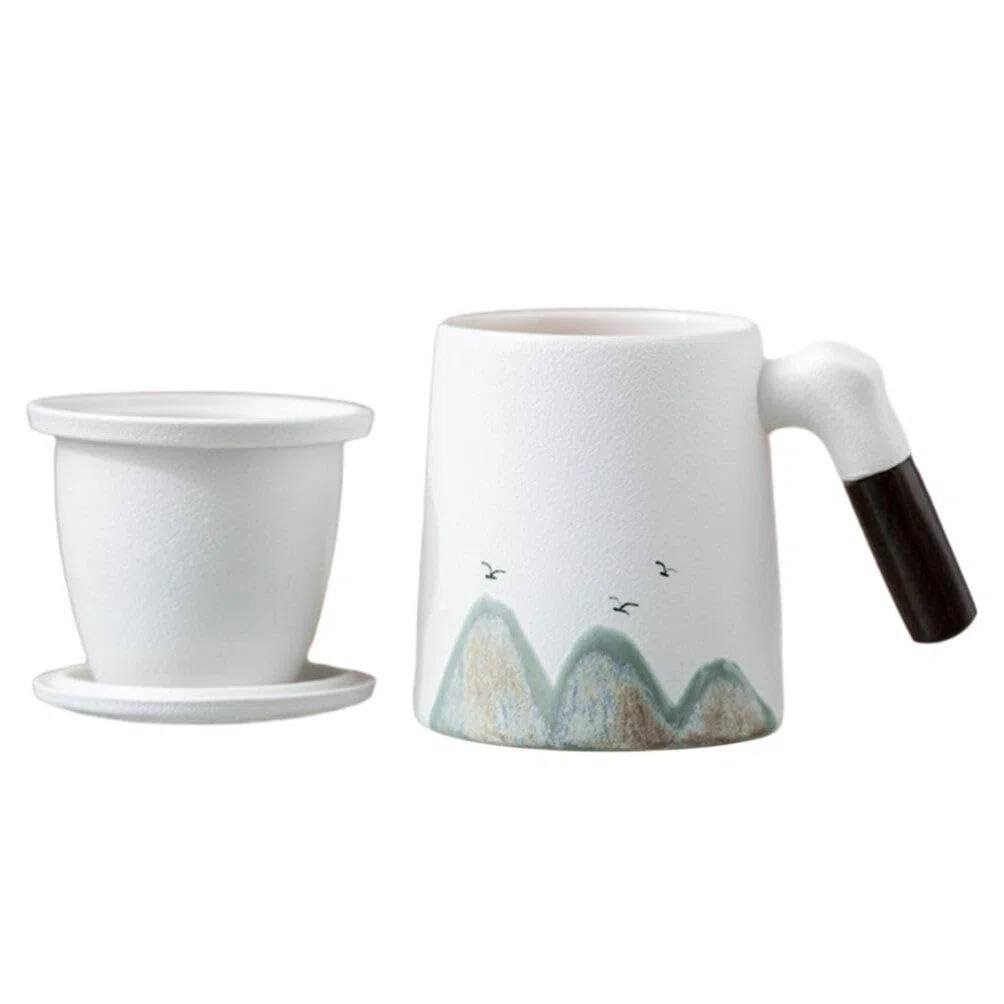 Taza de Cerámica con Infusor y Tapa para Infusiones de Té, Diseño Ligero y Mango de Madera, Adecuada para Uso en Escritorio y Aficionados al Té