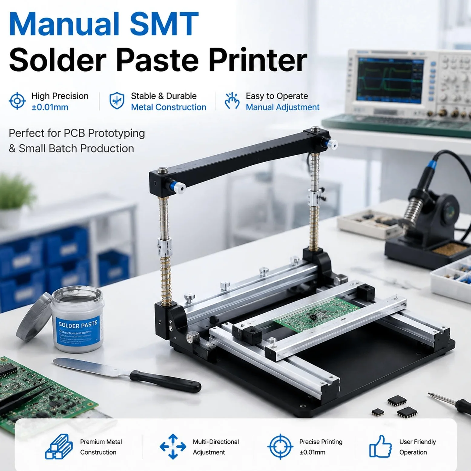 Estación de serigrafía manual pequeña, impresora de pasta de soldadura | Marco de aleación de aluminio premium, con ajuste multidireccional, for producción de prototipos de PCB(15cm)