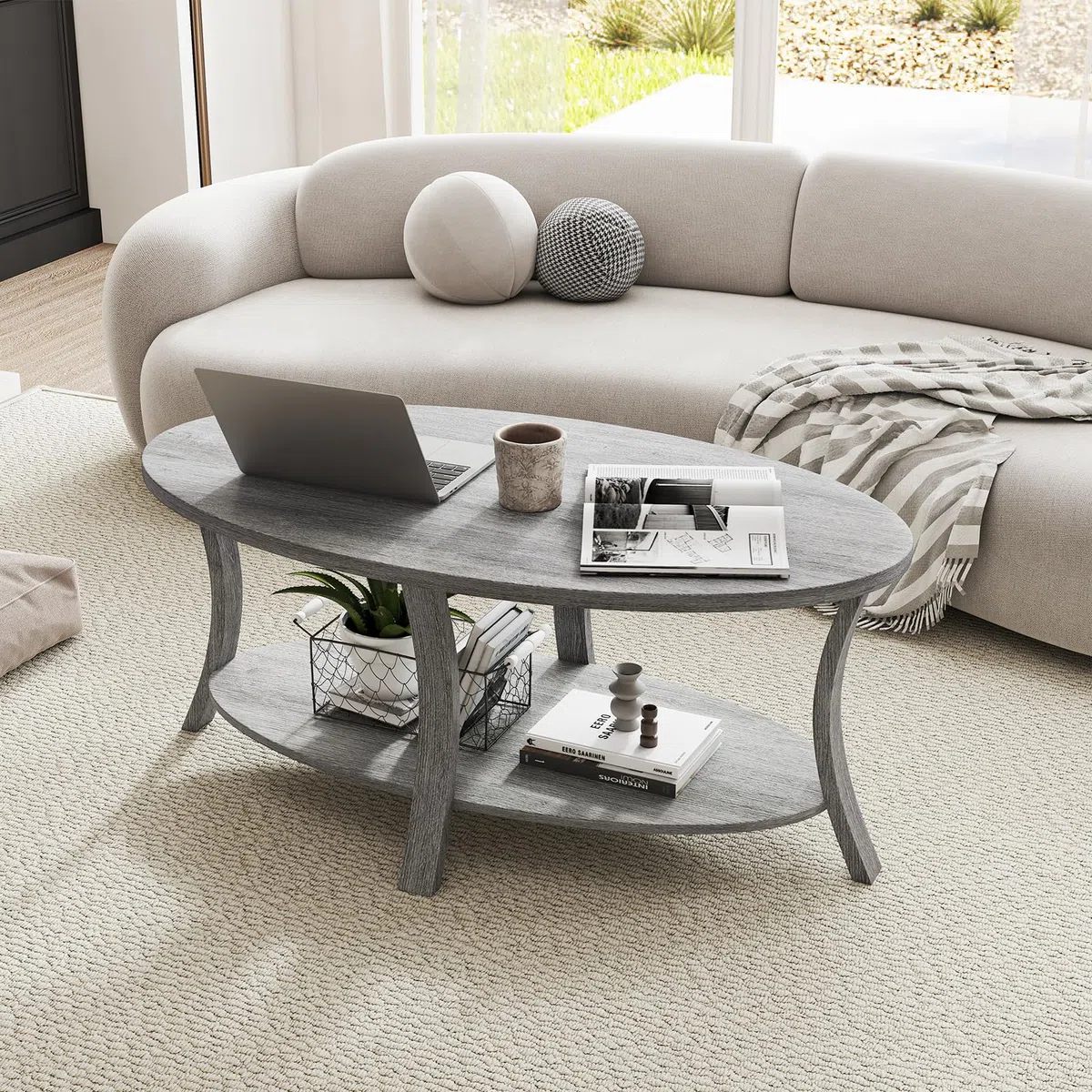 GOPLUS Mesa de Café Ovalada, Mesa Decorativa de Madera de Caucho con Estante de Almacenamiento Abierto, Mesa de Centro de 2 Niveles con Patas de Soporte Robustas para Sala de Estar Estudio (Gris)