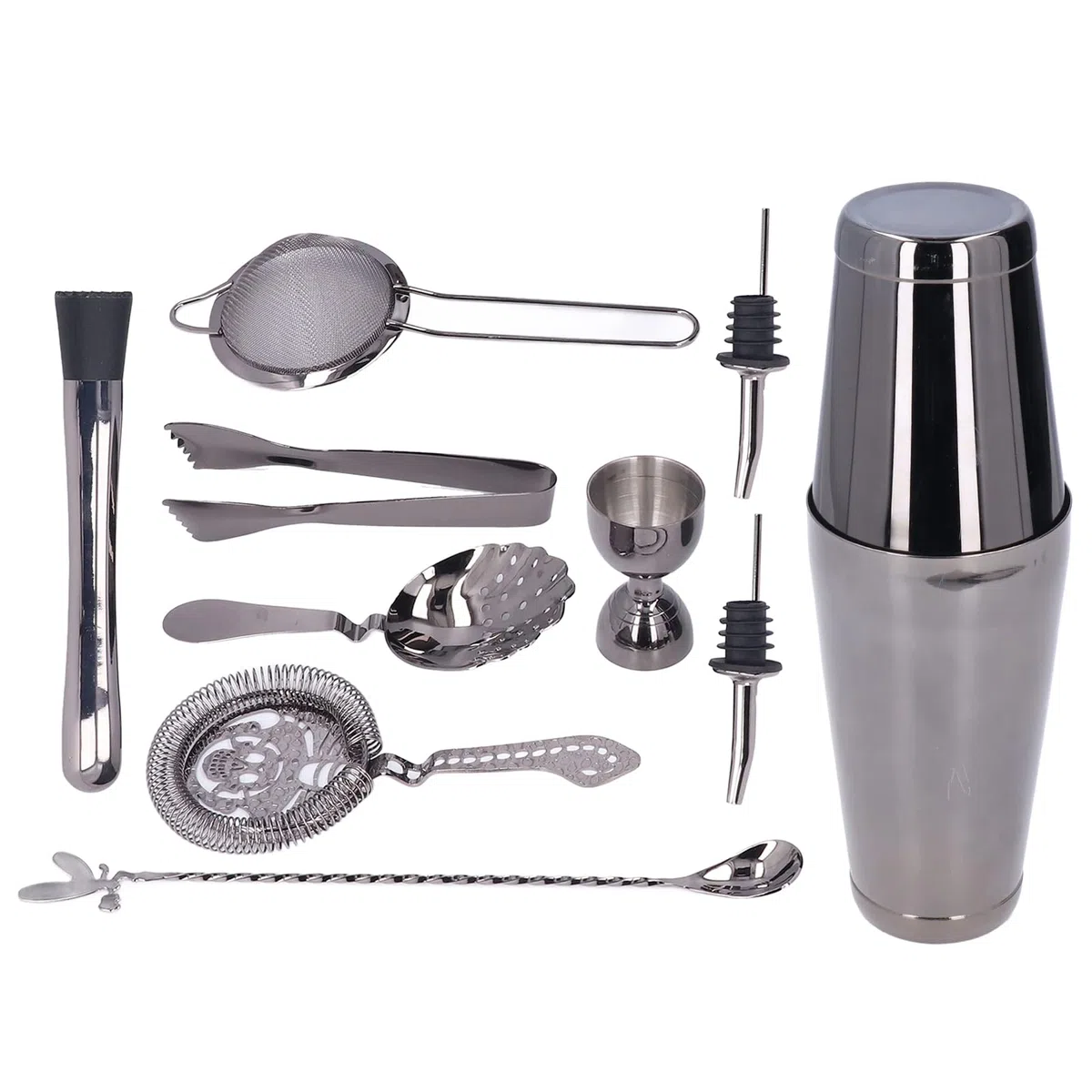 Juego de 11 cocteleras de acero inoxidable, juego de cócteles, juego de barra, juego de batidora de bebidas con todos los accesorios esenciales, coctelera, jigger, colador, mezclador, cuchara, mortero