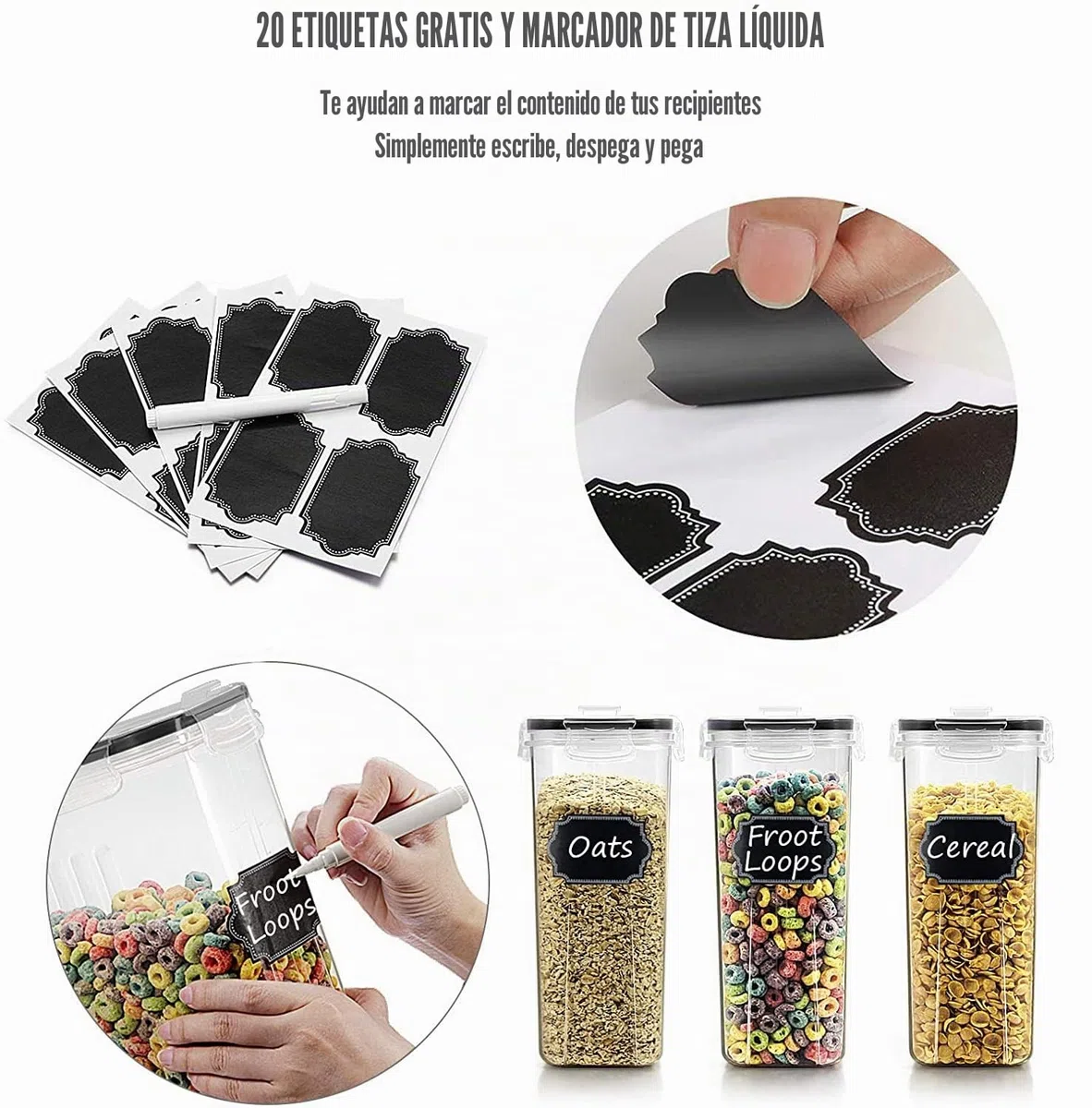 Wildone 8 recipientes herméticos para cereales y alimentos secos de 2,5 L de capacidad para azúcar, harina, etc. Tapas negras a prueba de fugas