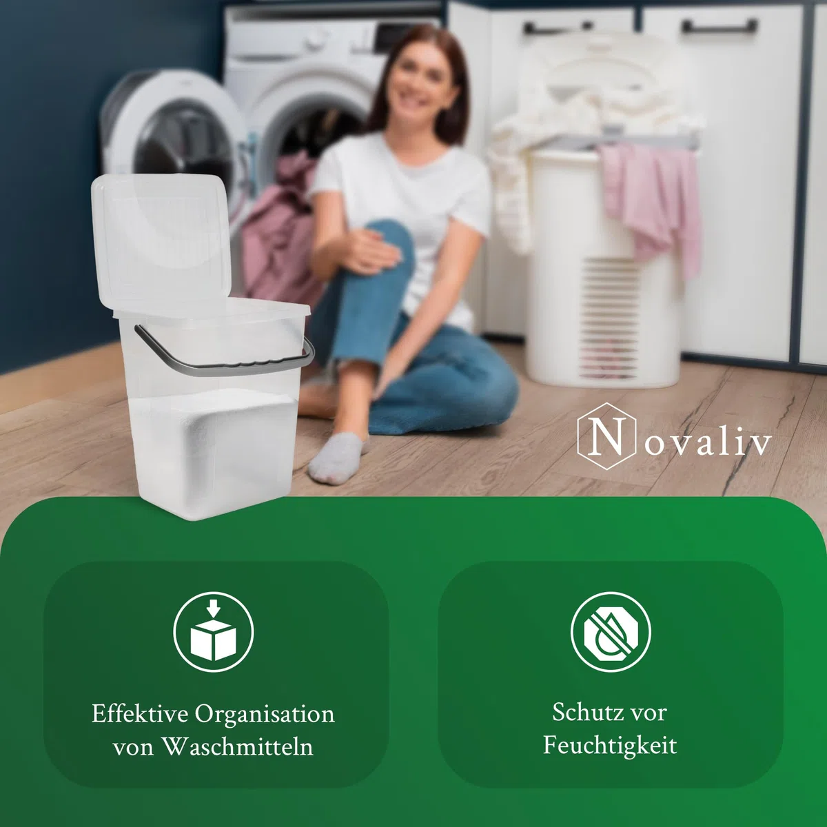 Novaliv 5 cajas de detergente con tapa de 7 litros, transparente, 23,5 x 18 x 26,5 cm, caja de almacenamiento en polvo con asa, para detergente y detergente