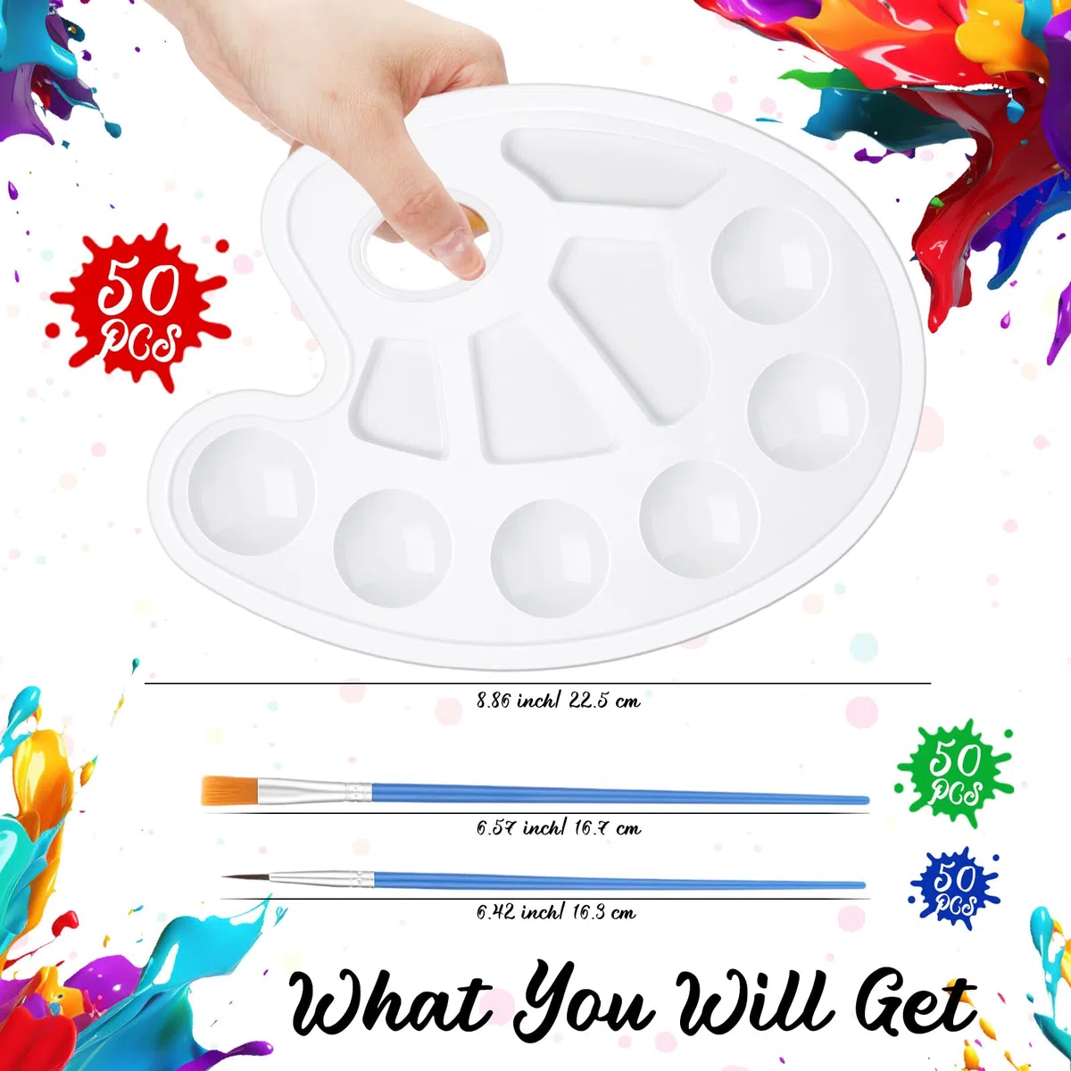 Juego de 100 pinceles de pintura de nailon, 50 paletas de bandeja de pintura, paletas de plástico, pinceles de pelo de nailon para acrílico, aceite, acuarela, estudiantes, fiesta de pintura