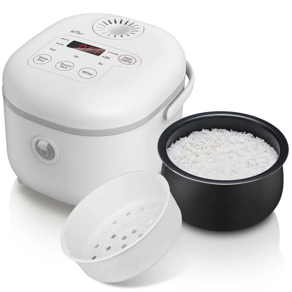 Bear Arrocera de 4 Tazas (sin cocer) con Vaporera, Mini Rice Cooker Multifuncional de 350W,6 Funciones de Cocción de arroz para 2-4 Personas,Blanco