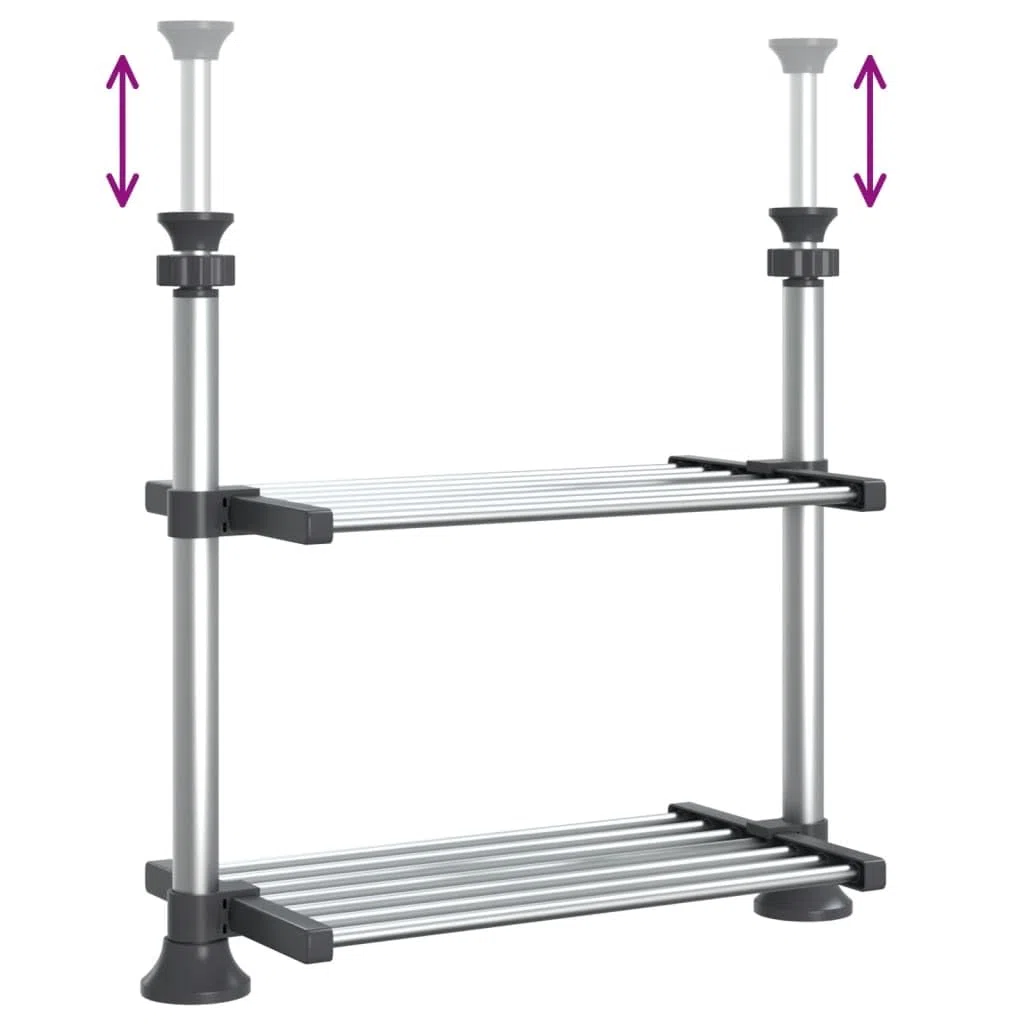 Estantería de cocina de aluminio plateada, 50 x 25 x 50 – 70 cm, altura regulable, con 2 estantes, para cocina y salón como organizador y recipiente de almacenamiento para alimentos y juguetes