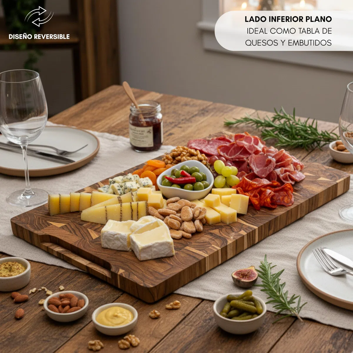 Erreke Tabla de Madera de Teca Natural End Grain, 44x30x3.8 cm, Grande | XL con Ranura para Jugos. Reversible y con Asas. Tabla Madera Cocina. Para Quesos Embutidos Carne Pan. Para Cocina y Mesa