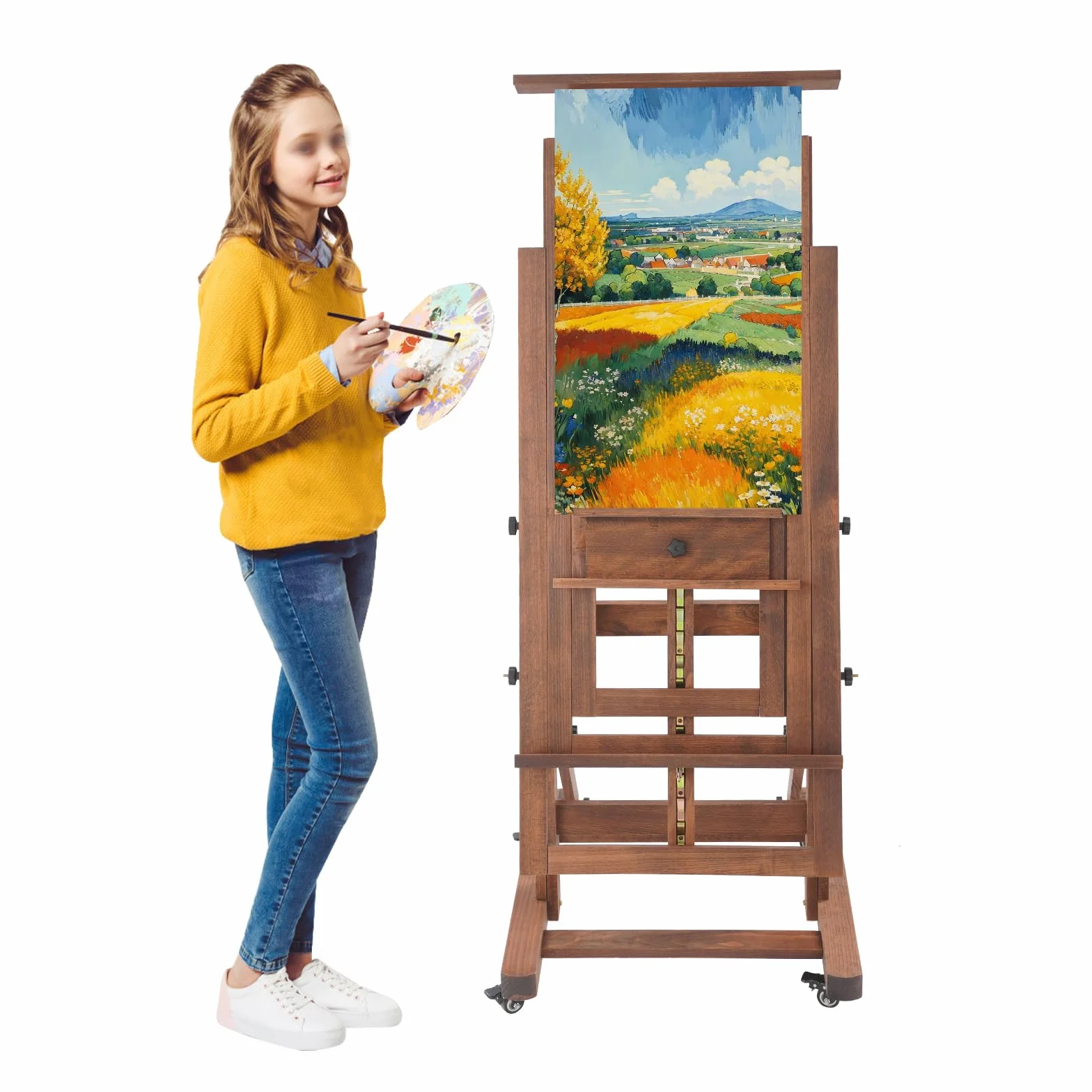 Caballete de estudio para pintar madera maciza artista profesional caballete con ruedas pintura arte soporte, 140-300 cm rango de ajuste de altura, horizontal y vertical