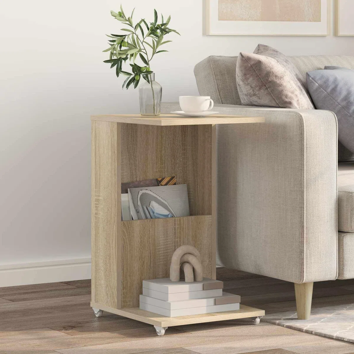 Mesa auxiliar de roble Sonoma de madera de 40 x 35 x 60 cm con ruedas, moderna mesa de almacenamiento para salón, dormitorio, pasillo, flexible como mesa de café o mesita de noche