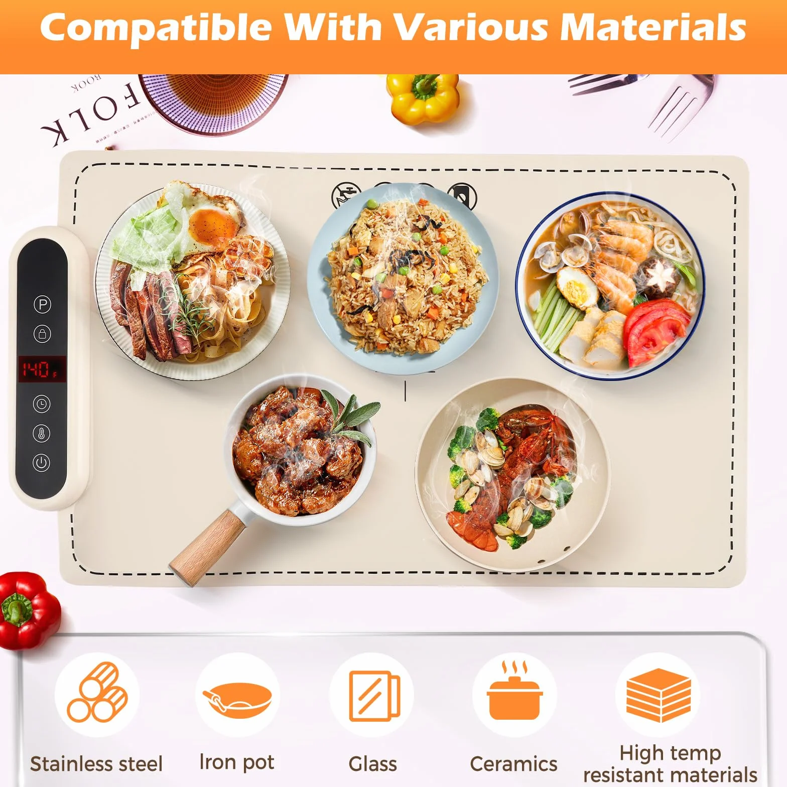Bandeja Calefactora Eléctrica de Silicona Plegable 60x40 cm – Calentador de Alimentos Portátil con 6 Niveles de Temperatura y Bloqueo para Niños – Ideal para Buffets, Fiestas, Familia y Oficina
