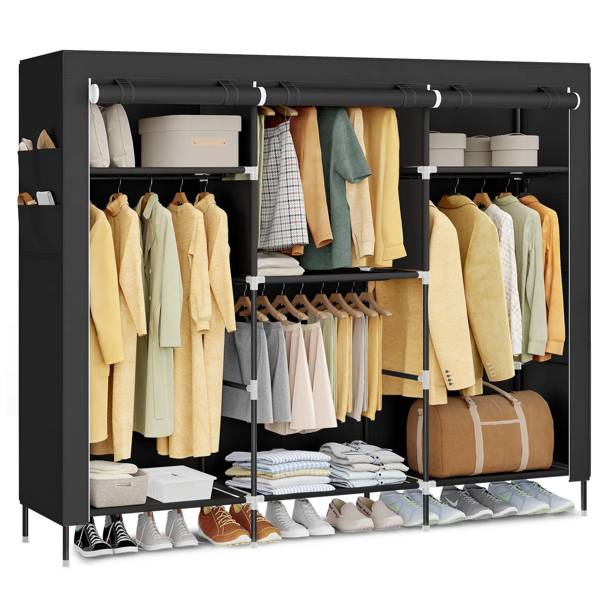 SONGMICS Armario de Ropa de Tela para Dormitorio, Armario Portátil con Barras para Colgar, Baldas y Bolsillos Laterales, Gran Capacidad, 4 Zonas para Colgar Ropa, 45 x 189 x 180 cm, Negro RYG011BZ02