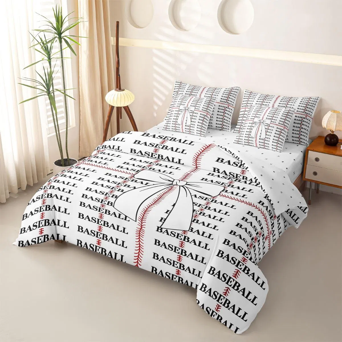 Loussiesd Juego de funda de edredón de béisbol tamaño Super King, 7 piezas, juego de ropa de cama con funda de edredón, sábanas, fundas de almohada, fundas de cojín para niños y niñas