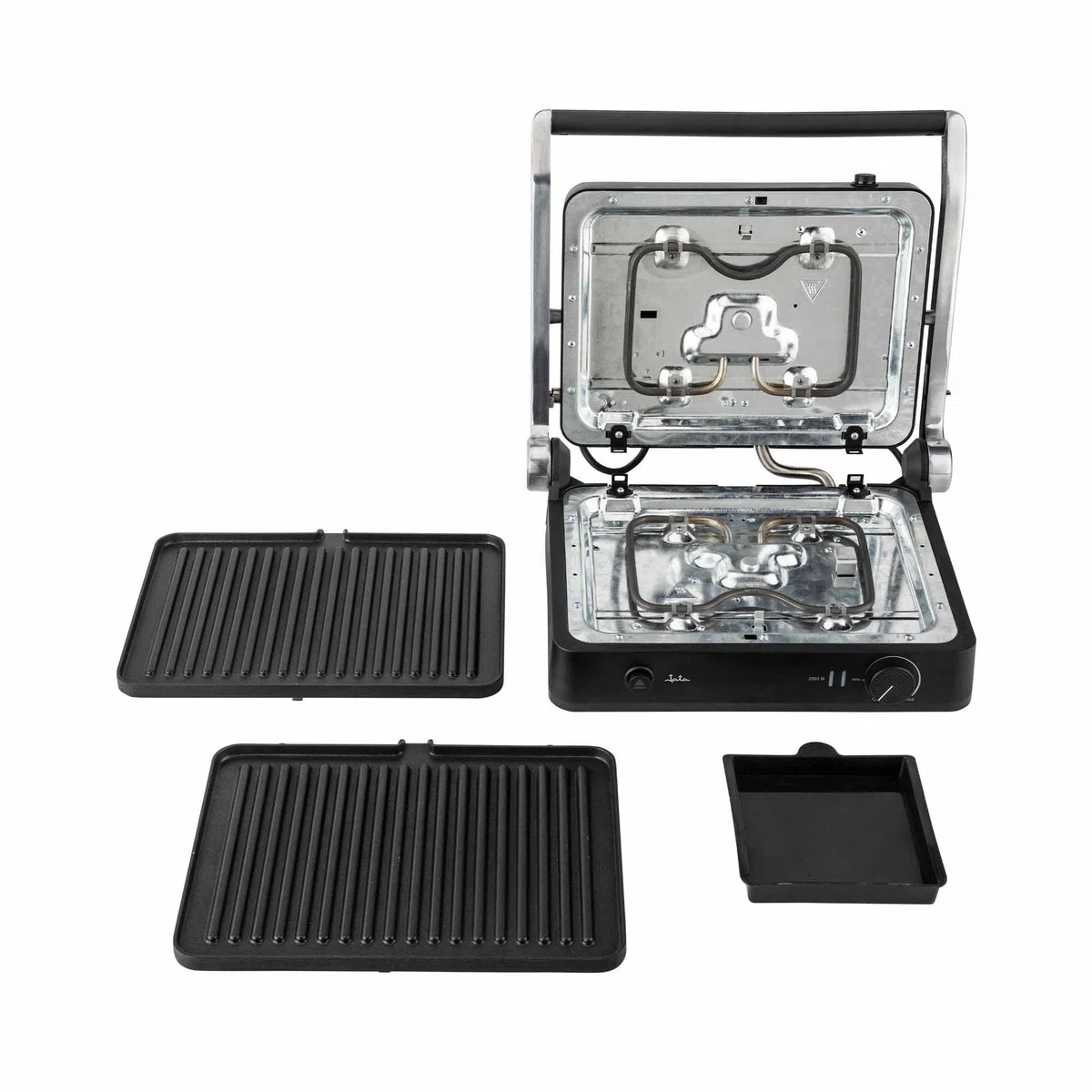 JATA JEGR1450 - Parilla Eléctrica. Grill. Sandwichera. Panini. 2000 W. Apertura 180º. Placas EXTRAÍBLES rayadas antiadherentes: 29,6 x 21,8 cm. Bandeja Recogegrasa.