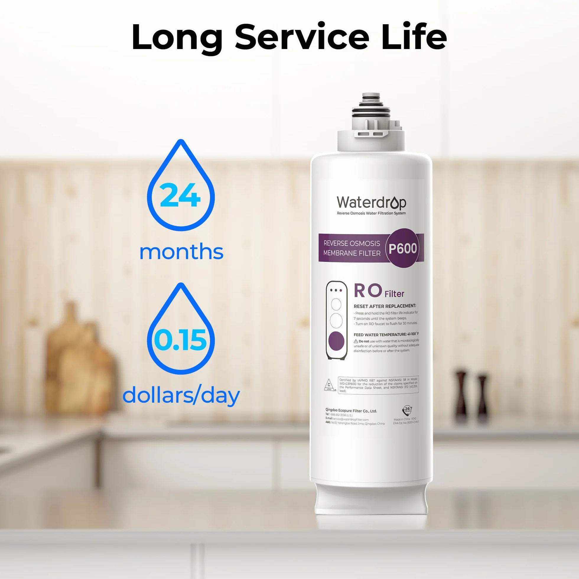 Waterdrop Filtro WD-G3P600-RO, certificado NSF, repuesto para sistema de ósmosis inversa WD-G3P600, vida útil de 2 años