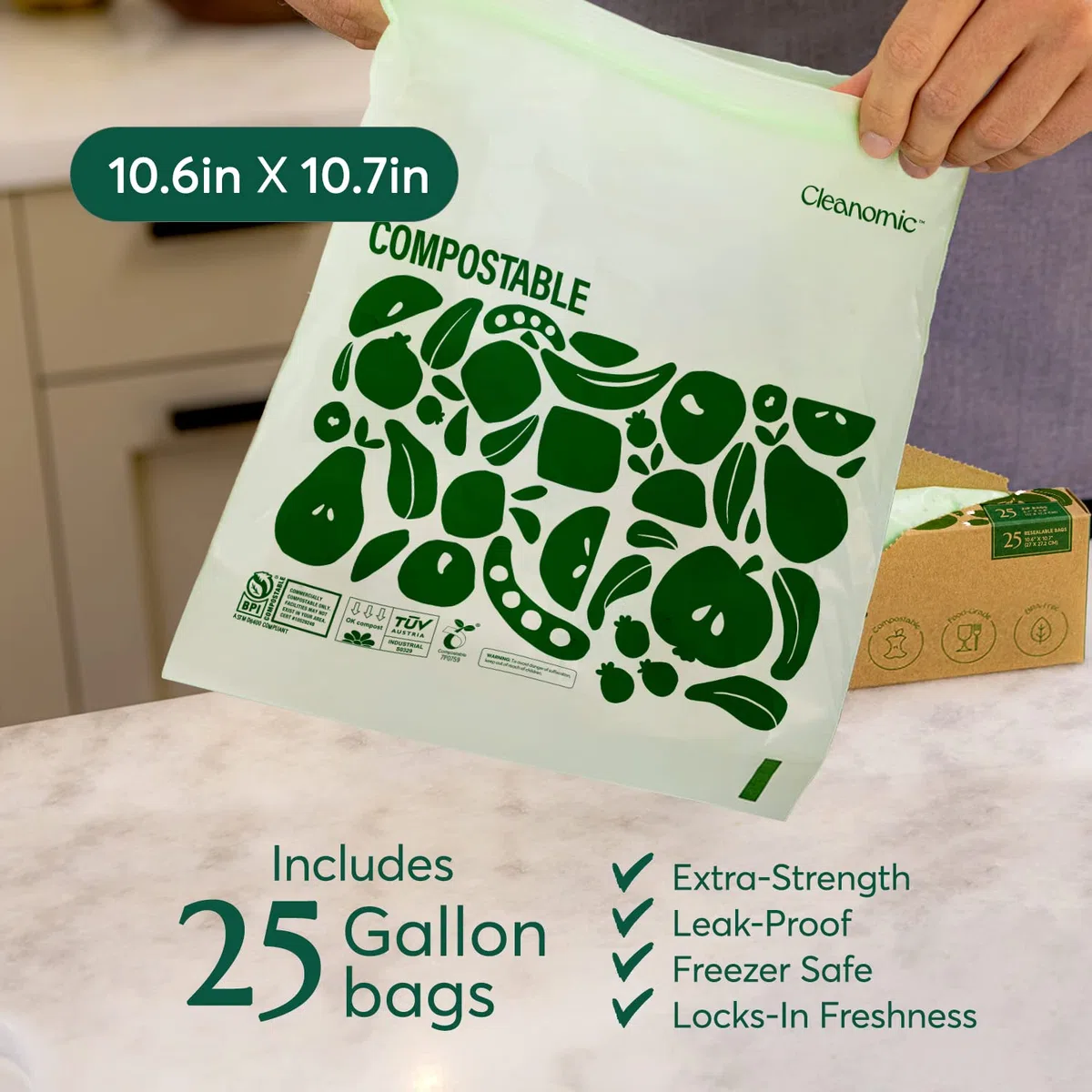 Cleanomic Bolsas compostables de almacenamiento de alimentos de tamaño galón (25 cremalleras ecológicas) a prueba de congelador y fugas, también disponibles bolsas de cuarto de galón, aperitivos y