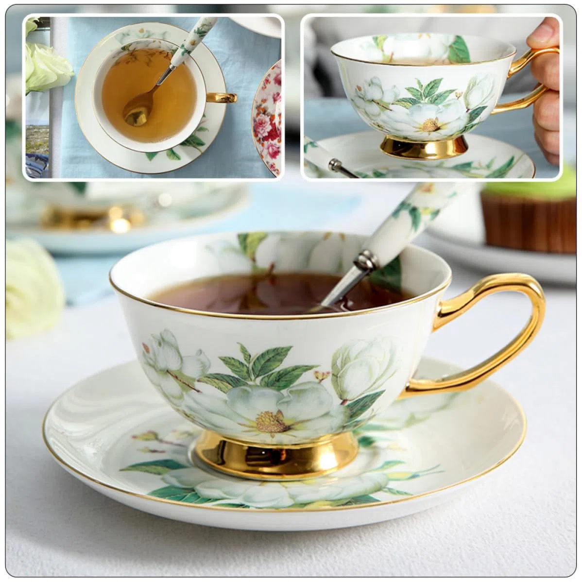 VOSAREA Juego de Taza y Platillo de Cerámica Soporte, 1 Set | Taza, Plato y Cuchara Incluidos, Diseño Ergonómico, Fácil Limpieza, Uso Prolongado
