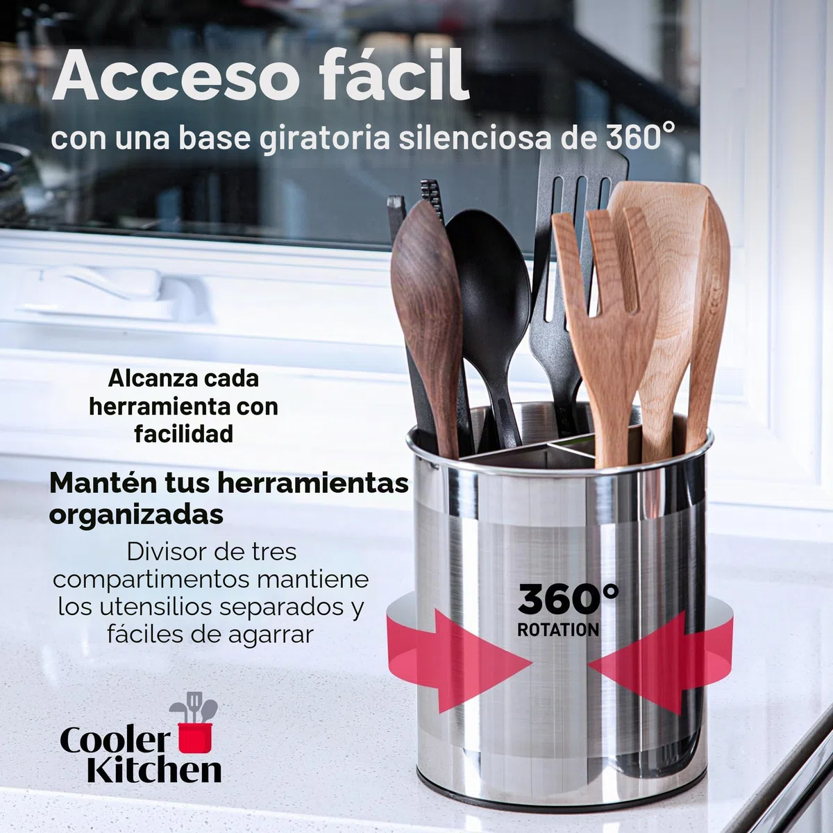 Soporte para Utensilios de Cocina COOLER con Base Estable Antivuelco, Divisor Removible y Fondo con Inserto Antideslizante. Lavavajillas