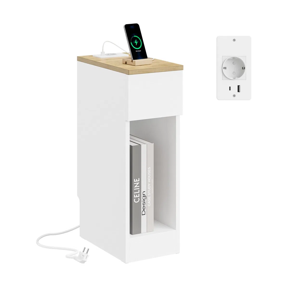 SoBuy mesita de Noche 20cm con estación de Carga y rodapié, 20x35x60cm | Mesilla de Noche Mesa Auxiliar estrecha, ahorra espacio para dormitorio, sala de estar, espacios pequeños, Blanco FBT111-E-WN