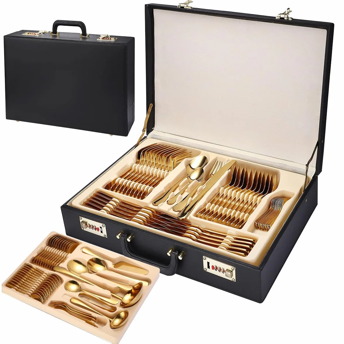 Juego de cubiertos de acero inoxidable de 72/84 piezas, apto para lavavajillas, con cucharas y tenedores, incluye caja de regalo de maleta para cocina familiar
