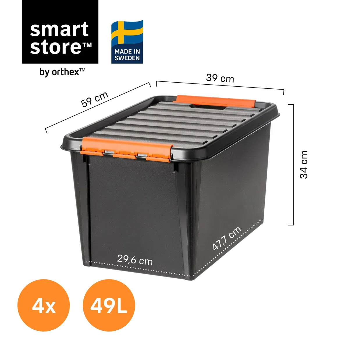SmartStore Caja Almacenaje Resistente con Tapa I 49L I Pack 4 Cajas Apilables I Garaje Taller Mudanza I Cierre Clip I Made in Sweden I Negra I 59 x 39 x 34 cm
