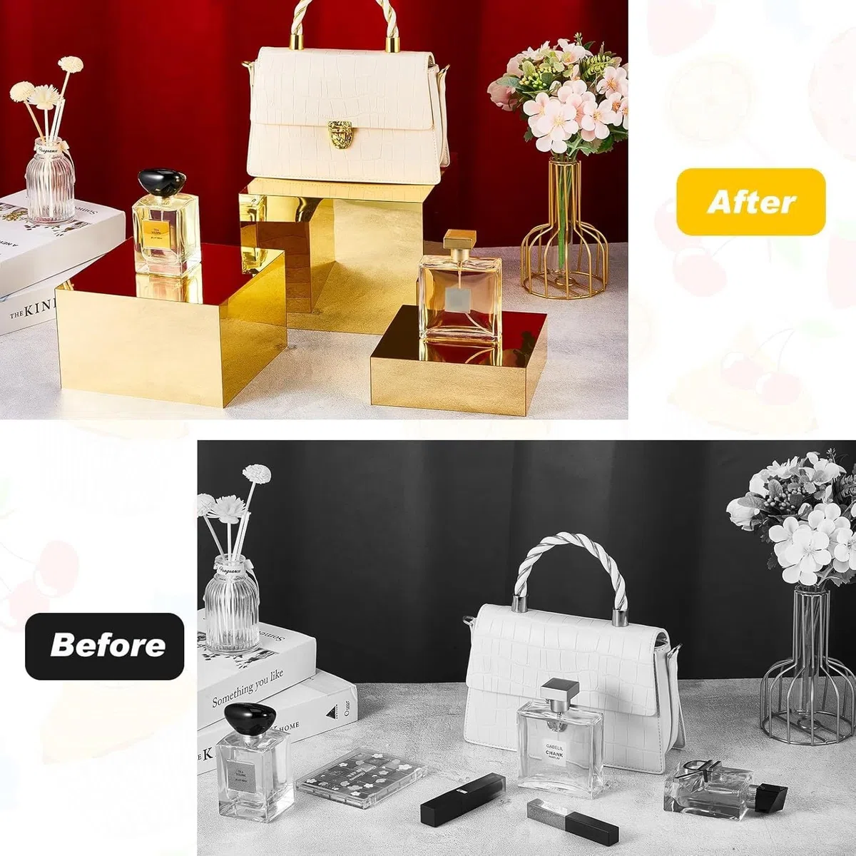 HEYOUTH Set de 7 elevadores grandes para buffet (15-30 cm) de acrílico – Cajas expositoras cuadradas con fondo hueco para mesas de postres, presentación de alimentos y suministros de catering (Gold)